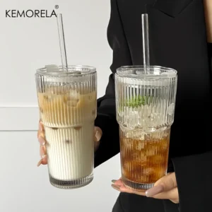 600ML Stripe Glass Coffee Cup With Lid and Without Cover Straw Transparent Drinking Glasses for Juice Iced Coffee Mugs Drinkware 1